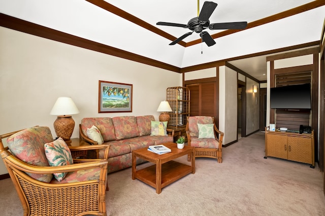 living room with light carpet, lofted ceiling, and ceiling fan