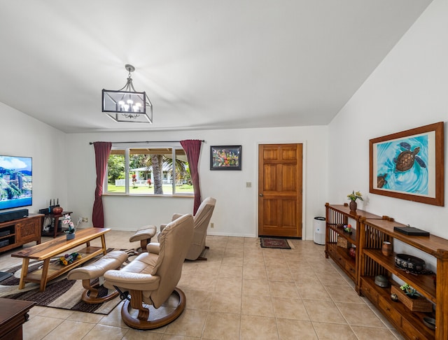 tiled living room with lofted ceiling and a chandelier