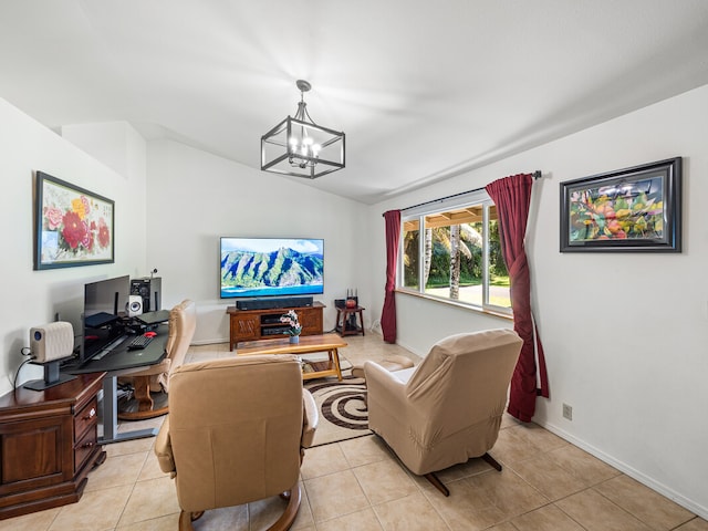 living room with vaulted ceiling, an inviting chandelier, and light tile patterned floors