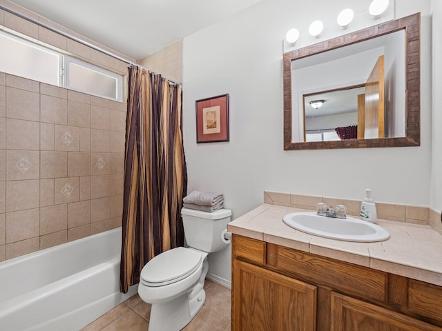 full bathroom with shower / bath combination with curtain, vanity, toilet, and tile patterned floors