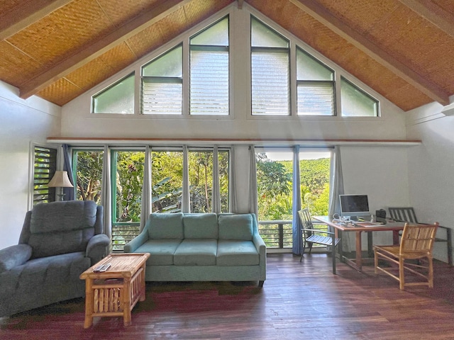 living room with high vaulted ceiling, plenty of natural light, beam ceiling, and dark hardwood / wood-style floors