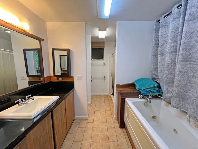 bathroom featuring shower with separate bathtub and vanity