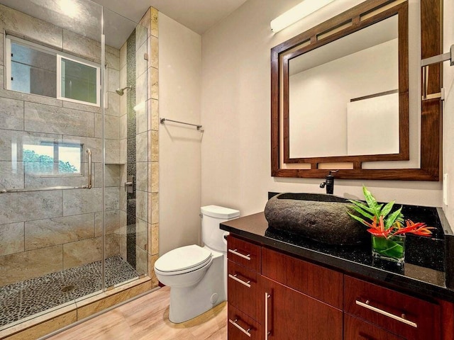 bathroom featuring vanity, hardwood / wood-style flooring, toilet, and an enclosed shower