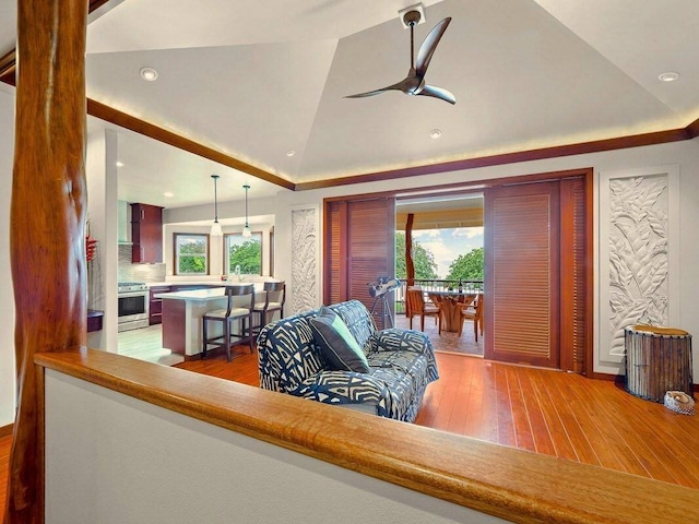 living room featuring hardwood / wood-style flooring, a tray ceiling, and vaulted ceiling