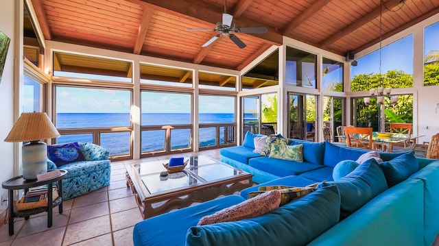 sunroom with vaulted ceiling with beams, wood ceiling, a water view, and ceiling fan