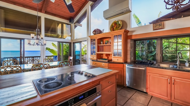 kitchen featuring appliances with stainless steel finishes, a water view, ceiling fan with notable chandelier, a wealth of natural light, and a wall mounted air conditioner