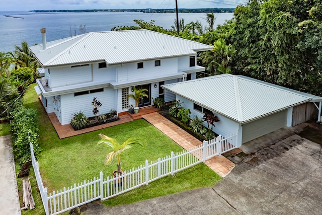 bird's eye view with a water view