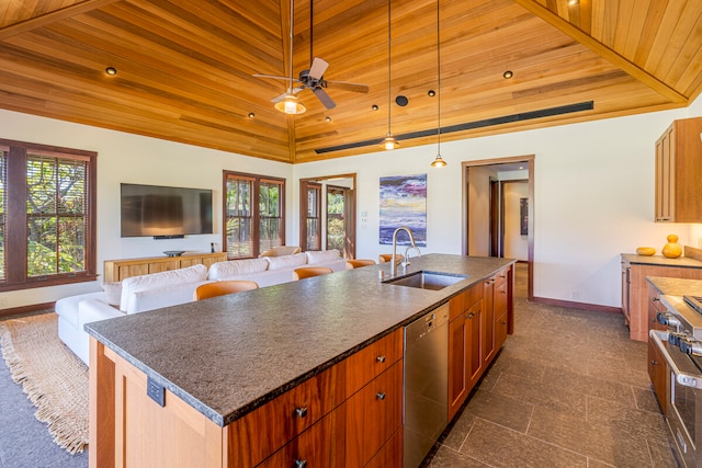 kitchen featuring a center island with sink, stainless steel appliances, sink, and wood ceiling