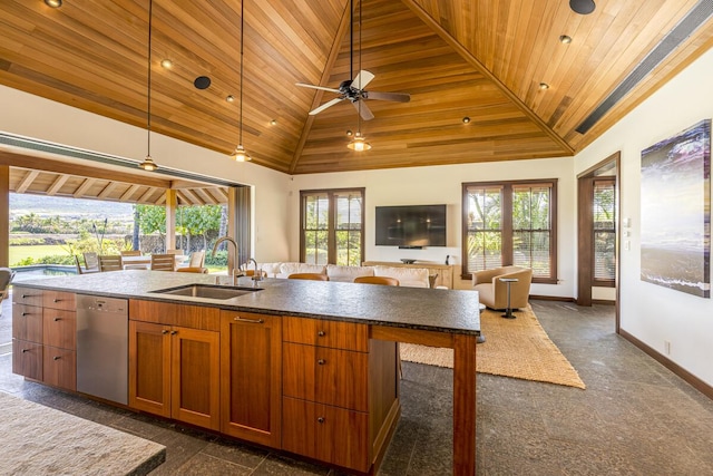 73-4839 Maia Loop Unit 40, Kailua-Kona, HI 96740 - kitchen featuring a sink, dishwasher, wood ceiling, a center island with sink, and open floor plan