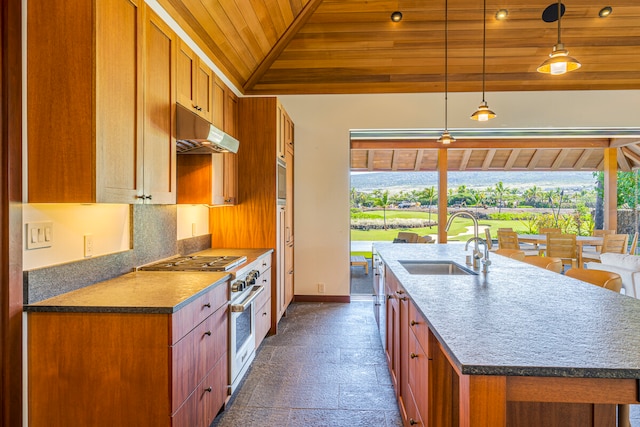 kitchen with hanging light fixtures, wood ceiling, vaulted ceiling, high end stainless steel range, and sink