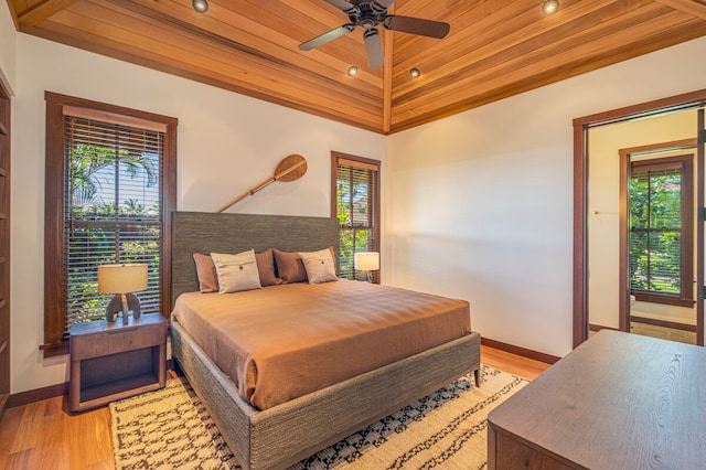 bedroom featuring light hardwood / wood-style flooring, ceiling fan, and wooden ceiling