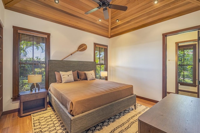 73-4839 Maia Loop Unit 40, Kailua-Kona, HI 96740 - bedroom with multiple windows, baseboards, light wood-type flooring, and wood ceiling