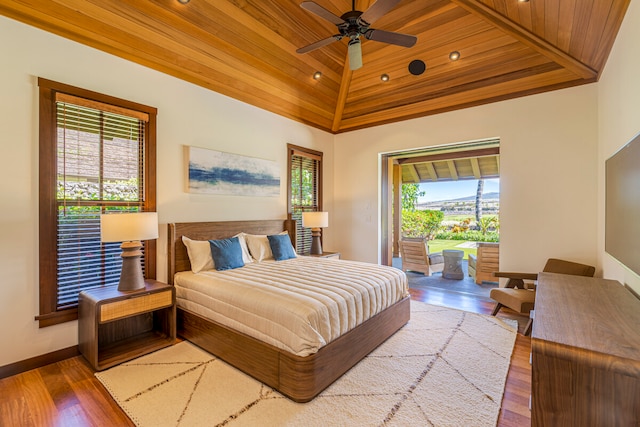 bedroom featuring wood ceiling, ceiling fan, high vaulted ceiling, and hardwood / wood-style floors