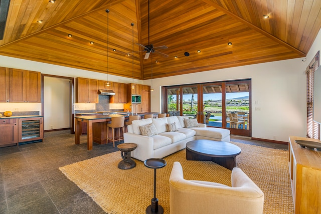 living room with ceiling fan, wine cooler, high vaulted ceiling, and wooden ceiling