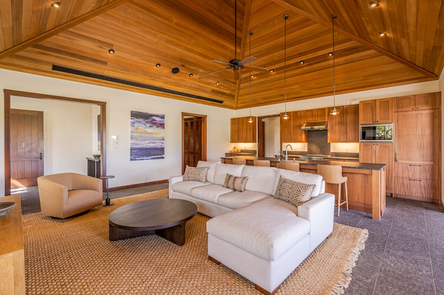 living room featuring high vaulted ceiling, wood ceiling, ceiling fan, and sink