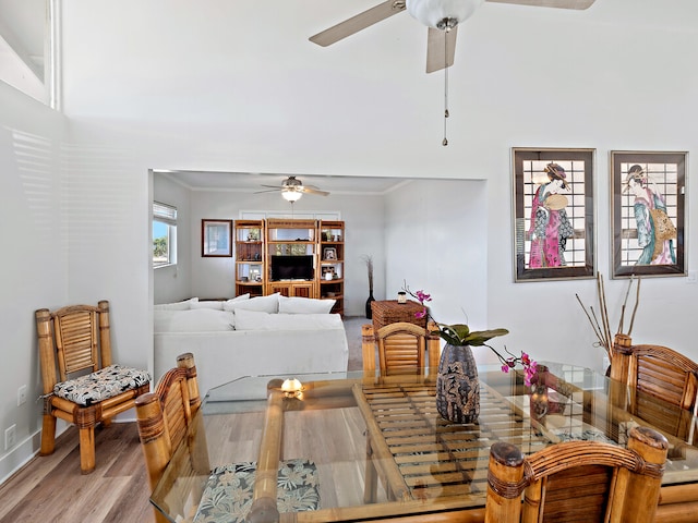 living room with ornamental molding, a high ceiling, light wood-type flooring, and ceiling fan