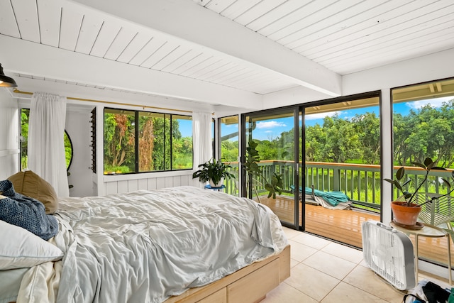 tiled bedroom featuring wood ceiling, access to outside, and beamed ceiling