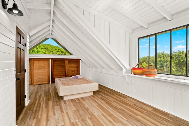 bedroom with hardwood / wood-style flooring, wooden ceiling, lofted ceiling with beams, and wood walls