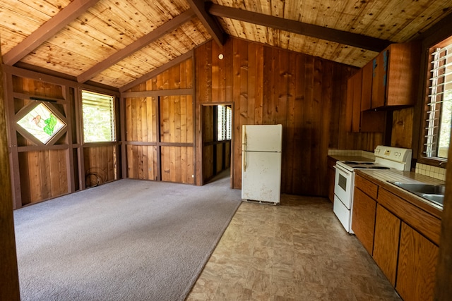 kitchen featuring lofted ceiling with beams, sink, white appliances, and wooden ceiling