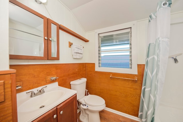 bathroom with vanity, lofted ceiling, a shower with curtain, and toilet