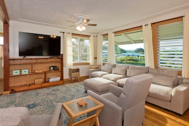 living room featuring a textured ceiling, light hardwood / wood-style floors, and ceiling fan