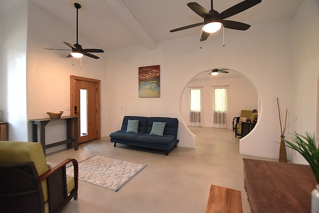 living room with ceiling fan, beam ceiling, and high vaulted ceiling