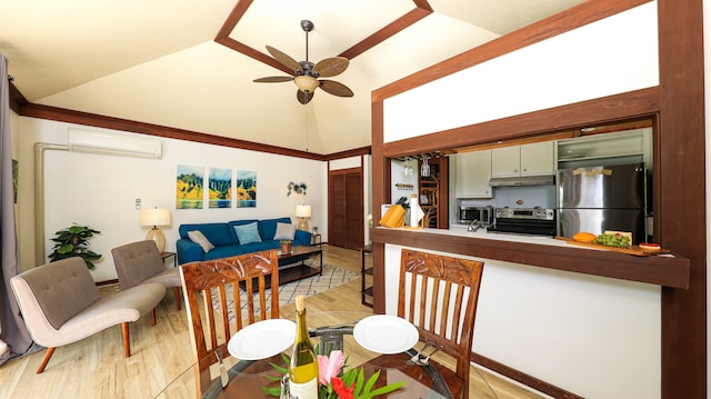 interior space featuring lofted ceiling, a wall mounted air conditioner, light hardwood / wood-style flooring, and ceiling fan