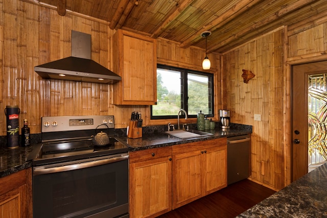 kitchen with appliances with stainless steel finishes, wall chimney exhaust hood, wood walls, and sink