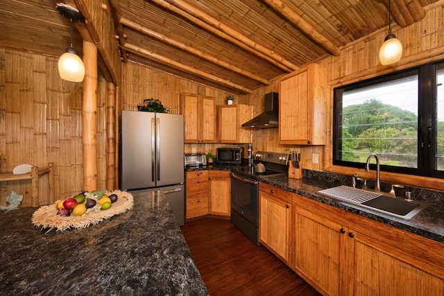 kitchen featuring wall chimney exhaust hood, stainless steel refrigerator, lofted ceiling with beams, pendant lighting, and black range with electric stovetop