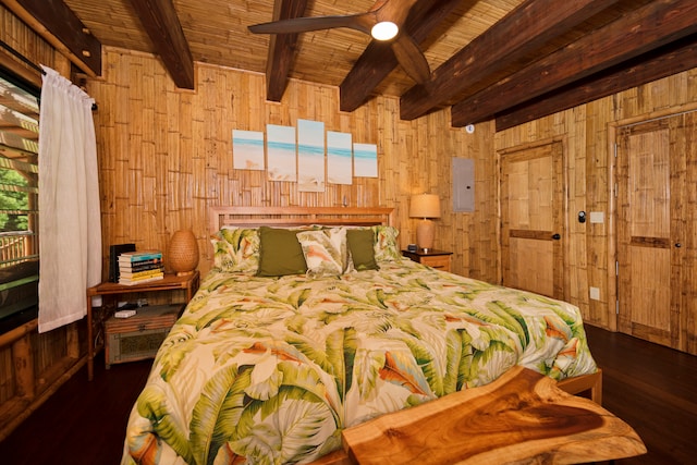 bedroom with beamed ceiling, wood walls, dark hardwood / wood-style floors, and wooden ceiling