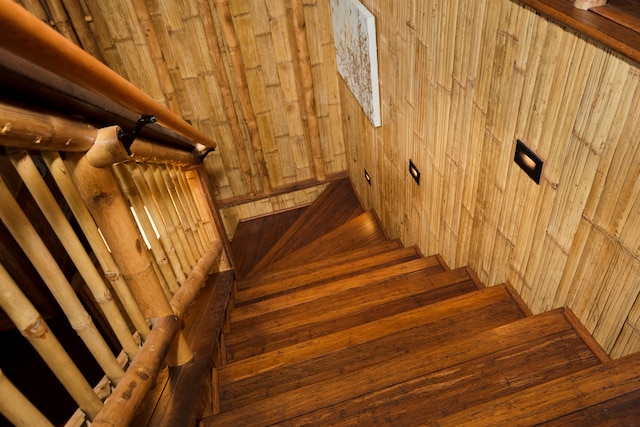 staircase featuring wooden walls