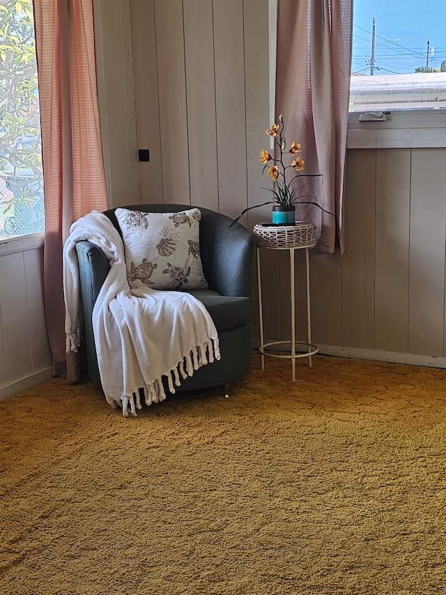 interior details with wood walls and tile patterned floors