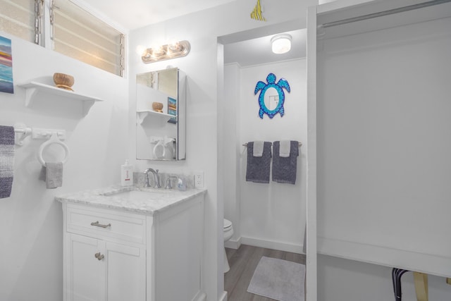 bathroom with toilet, wood finished floors, and vanity