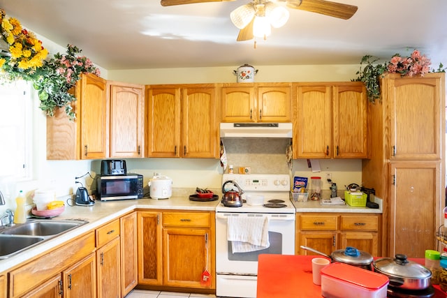 kitchen featuring sink, ceiling fan, and white electric stove