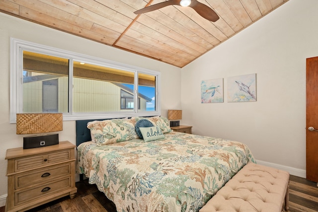 bedroom with lofted ceiling, ceiling fan, wood ceiling, and dark hardwood / wood-style flooring