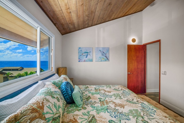 bedroom featuring hardwood / wood-style flooring, wood ceiling, vaulted ceiling, and a water view