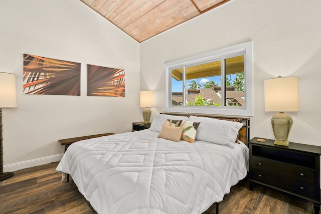 bedroom featuring lofted ceiling, wood ceiling, and dark hardwood / wood-style floors