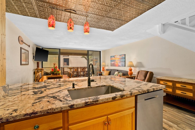 kitchen featuring light hardwood / wood-style flooring, sink, stainless steel dishwasher, and light stone counters