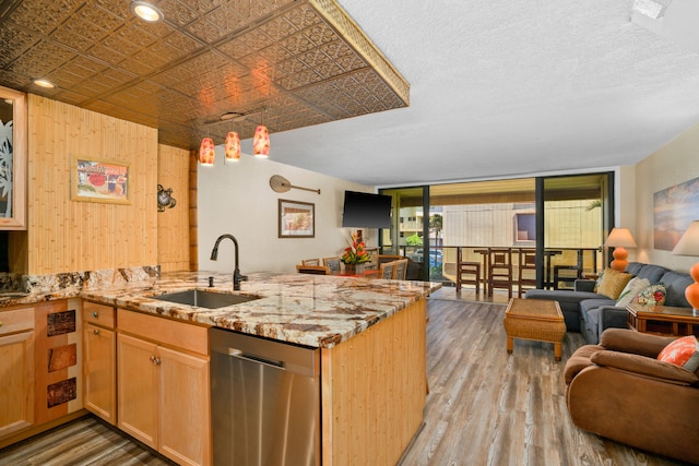 kitchen featuring light hardwood / wood-style flooring, sink, light stone counters, dishwasher, and kitchen peninsula