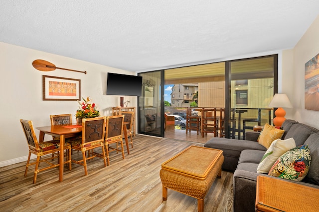 living room featuring a textured ceiling, light hardwood / wood-style flooring, and floor to ceiling windows