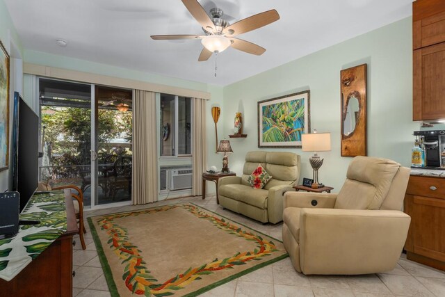 tiled living room featuring ceiling fan