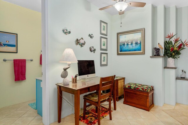 tiled office space with ceiling fan