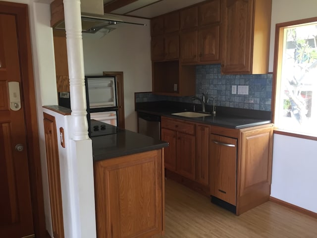 kitchen featuring dishwasher, light hardwood / wood-style flooring, sink, and decorative backsplash