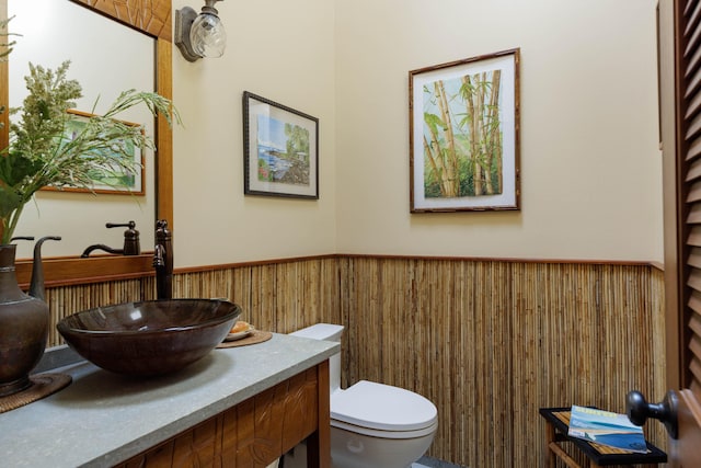 half bath with wainscoting, vanity, toilet, and wooden walls