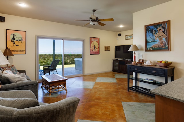 tiled living room with ceiling fan