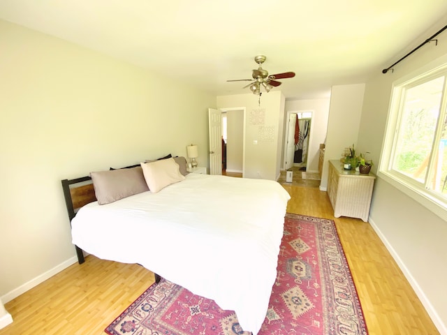 bedroom featuring wood-type flooring, a spacious closet, ceiling fan, and a closet