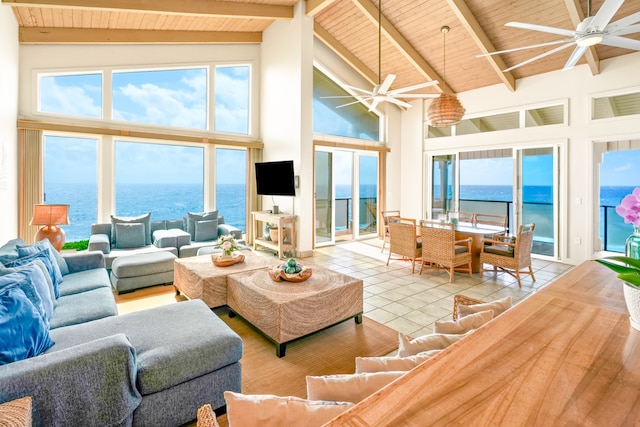 sunroom / solarium with lofted ceiling with beams, wood ceiling, ceiling fan, and plenty of natural light