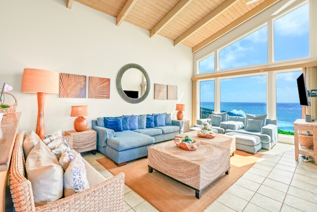 tiled living room with beamed ceiling, wood ceiling, and high vaulted ceiling