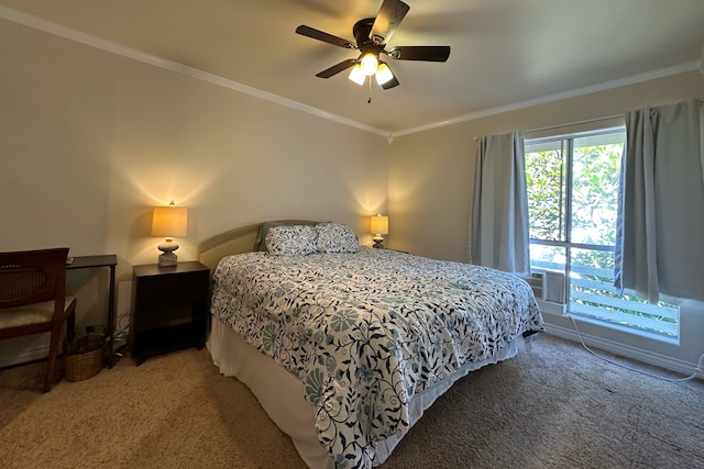 bedroom featuring crown molding, ceiling fan, and carpet