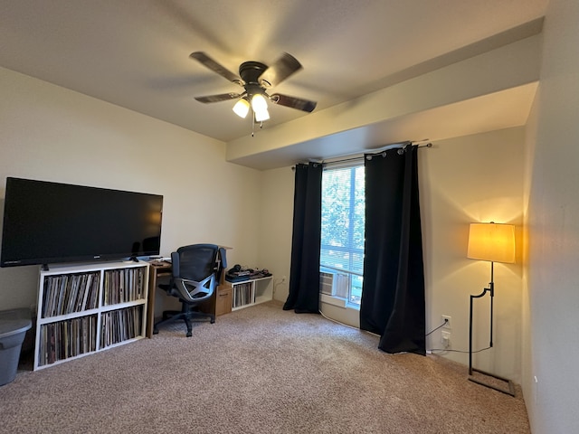 office area with ceiling fan and light colored carpet